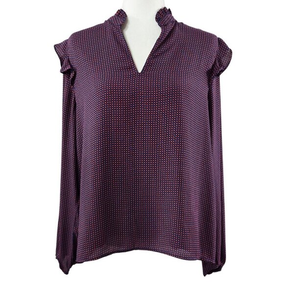 J. Crew Blue Red Abstract Geo Ruffle Trim Split Neck Lined Blouse BF838 - Picture 1 of 8